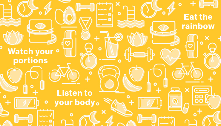 Image of different graphics on a gold background. Graphics are of healthy graphics like exercise equipment and fruit.