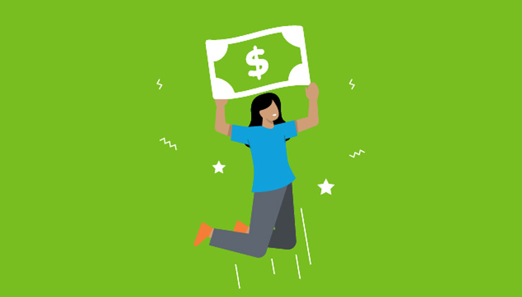 Image of a student jumping while holding a large dollar sign