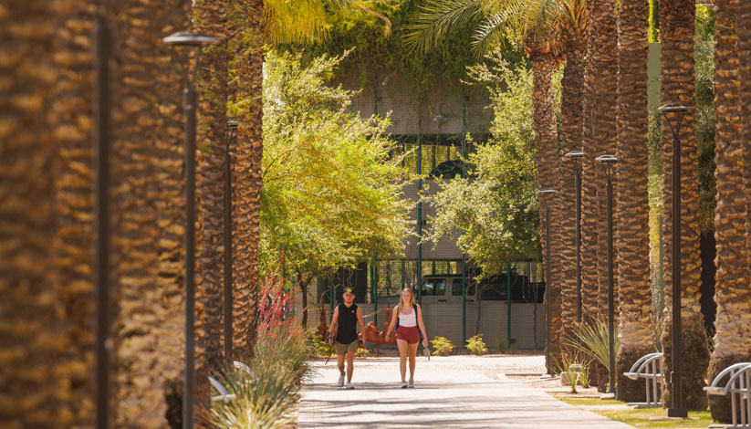 two students walking through palmwalk on the ASU Tempe campus