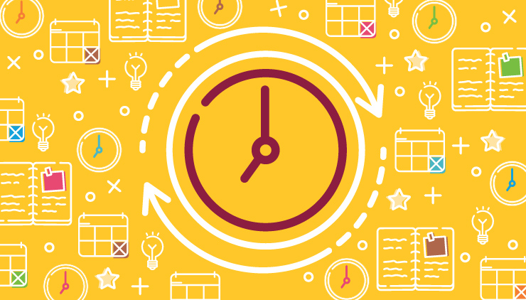 Graphic of clock in the center with graphics of calendars, notebooks, light bulbs, and stars in the background.